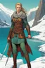 Placeholder: create a full body portrait of a pale female Norse tribal mercenary, sword in hand, with highly detailed, delicate feminine facial features, inhabiting an ethereal Northern winter fjord land of pristine blue waters, in the comic book style of Jean Giraud Moebius, David Hoskins, and Enki Bilal, precisely drawn, boldly inked, with vibrant colors