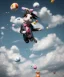 Placeholder: Ultra realistic speed clouds sky scene, wide angle view, child falling down with many Children background, rabbit head, inflatable monsters, circus dress style, feather color, free jumping flying, many trinkets, hair monster, many jelly beans, balls, color smoke, smile, happy, extreme, wind, clouds sea, 20,000 feet altitude, stratosphere, soft color, highly detailed, unreal engine 5, ray tracing, RTX, lumen lighting, ultra detail, volumetric lighting, 3d, finely drawn, high definition.