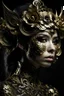 Placeholder: A beautiful frosty vantablack rose headdress adorned beautiful young woman wearing etherialism goled filigree black rose peatals and rose leaves embossed ornated costume ahd metallic filigree botanical Golden glittering half face. Masque organic bio spinal ribbed detail of metallic filigree vantablack background extremely detailed hyperrealistic maximálist concept art