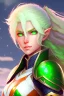 Placeholder: fantasy setting, woman ranger with orange and white hair, pastel green eyes, kind, soft facial traits