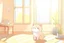 Placeholder: cute fluffy chibi beige cat measuring fever in a modern room in sunshine