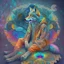 Placeholder: celestial psychedelic wolf made of fractals wearing a mexican jacket sitting on. giat mushroom in between stars