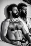 Placeholder: close up photography of two men sleeping on their stomachs , bearded ugly brawn 60-year-old rough beefy burly big scars bullneck arab tourist guides wearing traditional clothes, bulge, manly chest, photorealistic, sunlight, ambient occlusion, strong side light , sitting in a camping tent in the desert