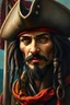 Placeholder: an expressive painting of the pirate of the Caribbean face with the pirates flag in the background, might see a companion with features of absolute strength and determination, blended with warmth and deep faith. Perhaps his head expresses wisdom and courage, with eyes radiating confidence and faith.
