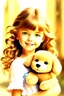 Placeholder: hiper realistic 4-5 year old cute beauty girl With beach wavy dimensional melange hair. With deep real smiling green eyes and brow long hair. Holding a bear-toy. Near her to stay very cutte puppy