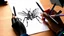 Placeholder: 2159. Robot insect drawing a picture, holding six gel-pens in its six hands, drawing a beautiful picture with four pens, one pen in each hand. The picture is almost finished. Artistic, beautiful lighting, attractive composition, photorealistic, extremely detailed, chiaroscuro, rule of thirds