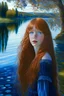 Placeholder: A beautiful teenage girl with long flowing strawberry blonde hair with a fringe, real life deep dark blue eyes reflecting her surroundings, a smooth and beautiful face and a flowing blue dress standing by a lake with cherry trees around staring into the distance dreamily