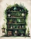 Placeholder: watercolor, dark style, dark green vintage witch's shelf with herbs with herbal decoction with emeralds and with grass and leaves, Trending on Artstation, {creative commons}, fanart, AIart, {Woolitize}, by Charlie Bowater, Illustration, Color Grading, Filmic, Nikon D750, Brenizer Method, Side-View, Perspective, Depth of Field, Field of View, F/2.8, Lens Flare, Tonal Colors, 8K, Full-HD, ProPhoto