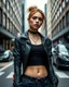 Placeholder: Long distance photoshoot of a cyber punk casual clothing pretty female Cyborg,small earphones, full body Raw, 8k, in standing city street photography