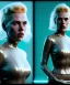 Placeholder: retro sci-fi portrait image from 1980, supermarket parking explosion, fire, scared people, blonde woman walking, young Scarlett Johansson face, tight latex suit, soft color, highly detailed, unreal engine 5, ray tracing, RTX, lumen lighting, ultra detail, volumetric lighting, 3d, finely drawn, high definition, high resolution.