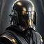 Placeholder: star wars bald male corellian pilot wearing dark gunmetal grey and black First Order special forces TIE pilot armored flightsuit and helmet with gold trim inside the jedi temple, centered head and shoulders portrait, hyperdetailed, dynamic lighting, hyperdetailed background, 8k resolution, volumetric lighting, light skin, fully symmetric details