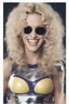 Placeholder: extremely tiny, thin, beautiful Sheena Greane with long, wavy curly blonde hair, wearing a wearing swimming gear, smiling a happy smile, extremely giant, oversized, humongous orbs, pitch black background, professional quality studio 35mm 8x10 uhd photograph, sunglasses