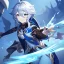 Placeholder: Genshin woman, Clear Focus High resolution, Calm Background, Light skinned woman, Black long beatiful hair, Dark blue sparkling eyes, Very Beatiful Face, Splash art, Battle Scene Epic, Spinning Pose