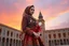 Placeholder: "A hyper-detailed digital painting of a young woman in traditional Azerbaijani folk costume standing in Tabriz Saat Square. She wears a floor-length crimson, gold, and sapphire embroidered dress with intricate embroidery, a translucent patterned ropush (scarf) draped over her head revealing braided hair with silver guppu (coins). The composition follows the rule of thirds, with the 19th-century clock tower framing her silhouette against a gradient sunset sky of tangerine and lavender. Ultra-deta