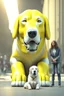 Placeholder: humans obey front of the huge yellow-white big dog, myistic atmhosphare. Realistic, render, 4k