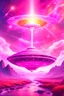 Placeholder: vaisseau interdimensionnel de couleur rose, grands rayonnements, dans un cosmos rose et jeu très étoilé d'or, 8K,ufo rainbow