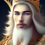 Placeholder: magnifique bel homme asiatique souriant ,yeux bleus,avec vetement et couronne celtique,cheveux blonds, fond bleu clair