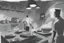 Placeholder: black and white storyboard, wide, on the Foreground there is a man and in the background, 3 chefs, scattered throughout the kitchen cooking, frying, cutting