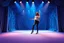 Placeholder: modern stage with gray-blue theme artistic decoration , color full dynamic lighting, a beautiful lady in pants and blouse with sport shoes dancing, 3D recursive fractal structure animating background