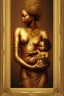 Placeholder: an abstract painting of gold metal and flowers, gold shinny African young mother breast feeding her baby, rust, scaffolding, iron cladding, decay, mixed media, textured, anatomically correct, beautiful perfect face, sharp focus, highly detailed