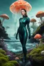 Placeholder: woman in a tight suit, on the shores of an alien world, with mushrooms with jellyfish tentacles, mossy rocks, small plants