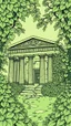 Placeholder: very detailed all Green Ancient Greek temple surrounded by leaves and ivy, medieval, gothic style, fine line draw style