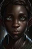 Placeholder: A young looking elf with light blue eyes and dark brown skin