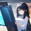 Placeholder: Clear focus, High resolution, girl wearing a TV outfit, long fluffy black hair, blue eyes,