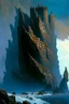 Placeholder: a rocky coast. A long isthmus juts out into the sea. the isthmus slopes upwards. on top of the isthmus there is a large fortress. dramatic. style of Michael Whelan.