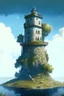 Placeholder: stone three-story tower with an observation room at the top, with a one-story room on one side, on a large grass-covered island, in a lake, surrounded by trees, with a blue sky