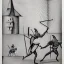 Placeholder: hand drawn in single line by Nicolai Blatter with hatch with parallel wavy lines metal engraving representing the Adventures of Don Quixote de la Mancha in bosch style or salvador dali style