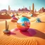 Placeholder: Bright, glittering, 3d, plastic-like, surreal objects in a bright environment, desert, noon light