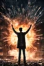 Placeholder: Young man standing, with arms raised, in front of an exploding building at night, with auras around him