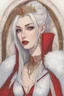 Placeholder: Beautiful white haired Vampire queen on her throne, drawing. Wearing a red cloak with a fur collar. Portrait, waist up