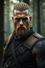 Placeholder: photorealistic hyperdetailed portait of 28-year-old german male, as mercenary with long blonde braided and undercut hair, tribal tattoos and neatly trimmed beard wearing modern mercenary uniform dark fantasy forest backdrop