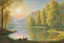 Placeholder: sunny day, lake, trees, sci-fi, mountains, galactic and trascendent, cosmic influence, friedrich eckenfelder and hans am ende impressionism paintings