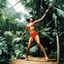 Placeholder: [colour photo by helmut newton] Swinging in on vines with deadly precision, the Amazon swiftly overpowered the bikini-clad warrior, knocking her down with swift kicks and powerful blows. The Space Girl, caught off guard and outmatched, struggled to defend herself as the Amazon relentlessly pressed her advantage.Lost in the sweltering heat of the jungle, the Space Girl found herself at the mercy of the primitive native who seemed to have the upper hand in the brutal confrontation.