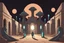 Placeholder: at night in an alley with noctilucent glass sphinxes on both sides, torches, on the desert planet Gliese, perspective, symmetry, vanishing point