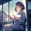 Placeholder: anime girl sitting on a porch swing of an old house, journaling, wearing pajamas, writing in a book, shes watching it rain, more detail on hands and her face,shes deep in her thoughts, wearing glasses, rain drops, she has a pencil in her hand and is writning in the book, she is looking down at what she is writing, lightning, she is writing something in a book, eyes are pointed down