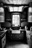 Placeholder: an old-fashioned kitchen in a abandoned farmhouse, 1890, black and white photograph, wide angle, high contrast, heavily underexposed, extremely sharp, rich in details, close to nature