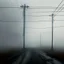 Placeholder: An empty road on a misty day. Telegraph poles and wires. Muted tones. Tilted high horizon. With blotches, blurry areas and lens noise and grain. Photo 4k