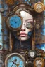 Placeholder: an abstract painting of rusted clocks, by lucian freud, rust, scaffolding, iron cladding, decay, mixed media, textured, anatomically correct, beautiful woman perfect face, blue eyes, sharp focus, highly detailed