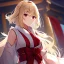 Placeholder: Clear Focus, High resolution, girl wearing a miko outfit, wearing a short white skirt, sleeveless, medium hair length, fluffy tight hair, blonde hair, red eyes, wearing red bow behind hair