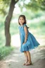 Placeholder: Little 8 years old girl wearing a dress, blue dress,standing pose