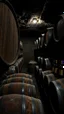 Placeholder: An old winery with a lot of old big wine Barrels in a dark room , a few bottles of red wines with and old labels and spider webs on old broken shelf’s in side a dark abandoned underground dark room with a little dim touch on the wall, scary, dramatic, mysterious ambiance