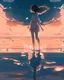 Placeholder: anime girl walking on water, ripples, backdrop of dawn, saturn in the background, illustration, concept art, anime, key visual, trending pixiv fanbox by wlop and greg rutkowski and makoto shinkai and mamoru hosada and studio ghibli