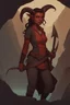 Placeholder: A DnD character. A female horned Tiefling ranger with pointy ears standing in a cave. The Tiefling has a little pterosaurs on her shoulder and a rapier in her hand.