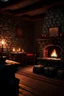 Placeholder: Christmas celebration. Fireplace in a room with stone walls. nightfall. The room is dim, the fireplace illuminates it.