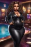 Placeholder: Create a digital airbrush bratz cartoon of a black plus size female wearing a black leather suit with black heels. Prominent make up with brown eyes. Highly detail black shiny locs that flow down her back. Extra-long diamond hoop earrings and jewelry. Background of a night club with a pool table behind her