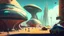 Placeholder: shot from ground level, busy alien town, with people, alien buildings, curved roads, vehicles, and spaceships